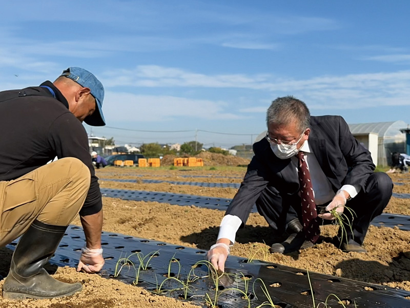 玉ねぎの植え付けをする田中徹博士